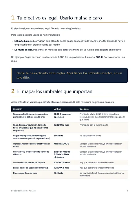 Segunda página: por qué el efectivo legal sale caro si se usa mal y la tabla de los umbrales